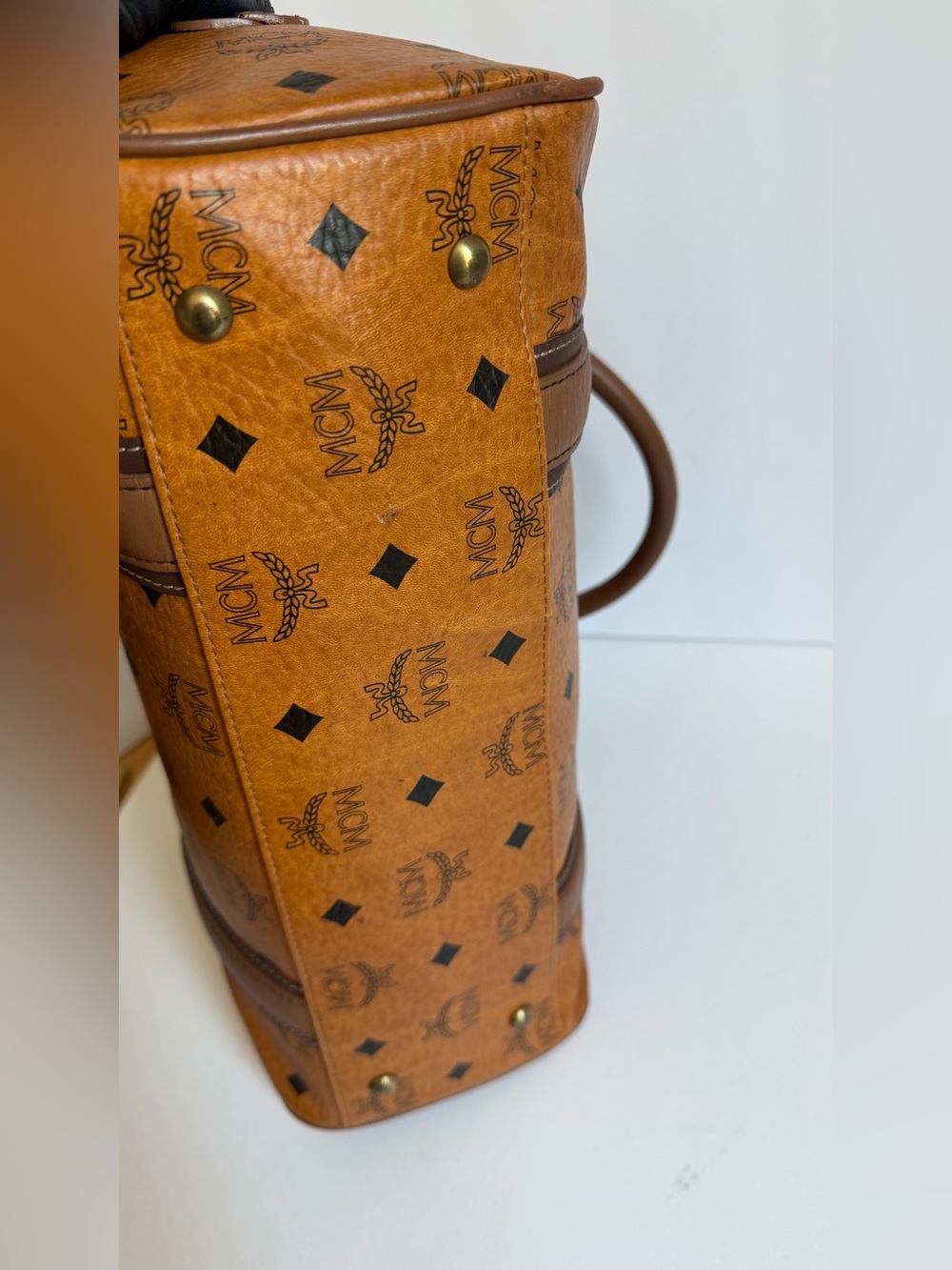 MCM Cognac Monogram Boston Satchel with Brown Trim - Picture 8 of 13